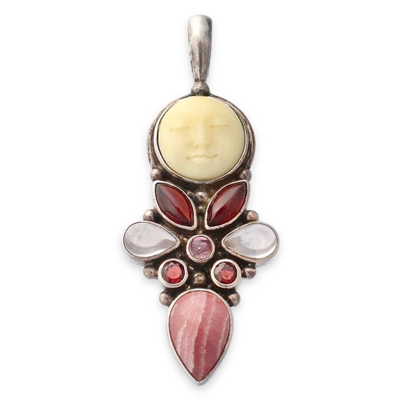 Sajen Moon Face Goddess Pendant Sterling Silver Garnet Tourmaline Rhodochrosite - Picture 1 of 7
